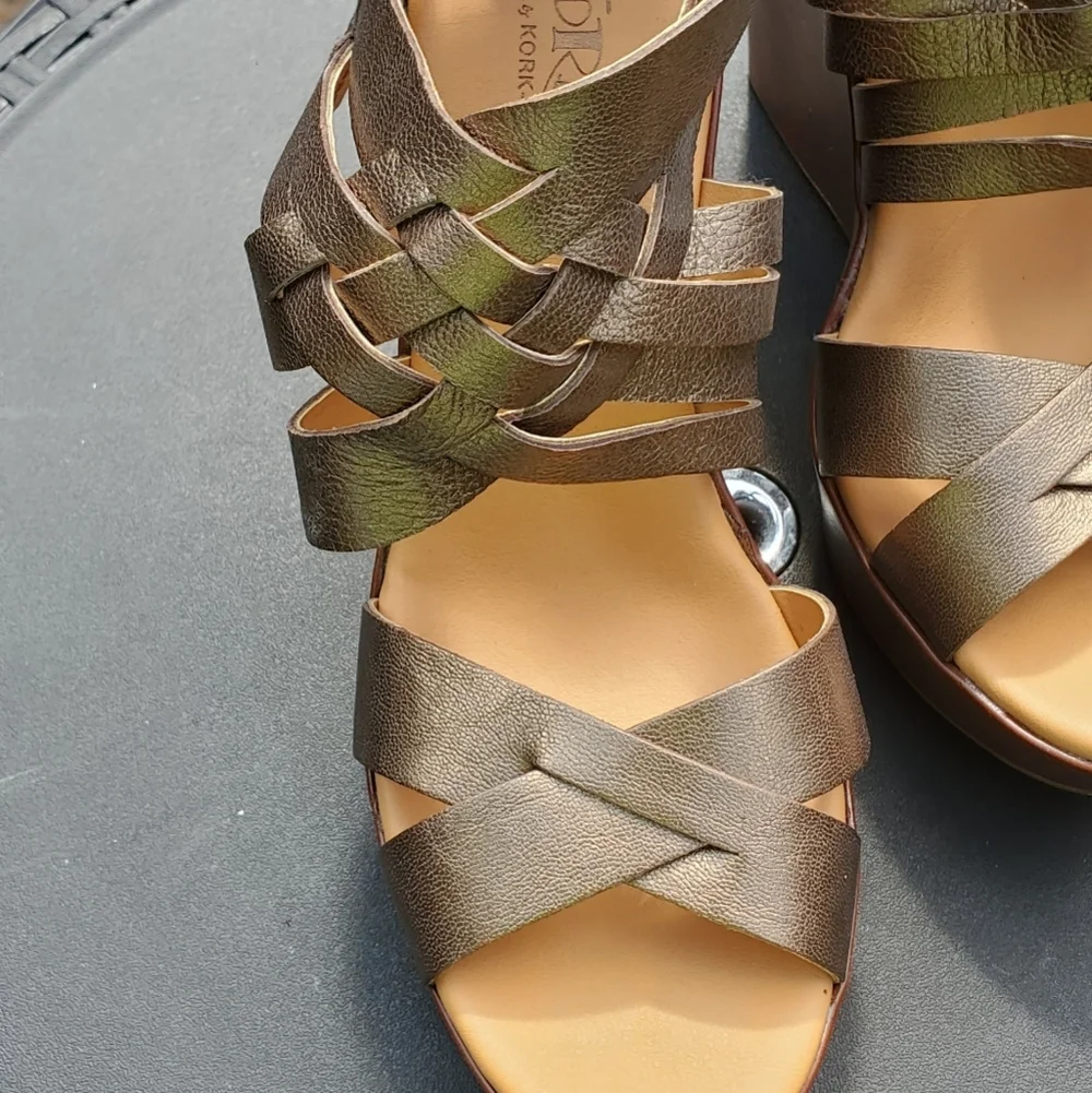 Korks Bronze Leather Ankle Cross Straps Platform Wedge Sandals Size 10 - Picture 6 of 11